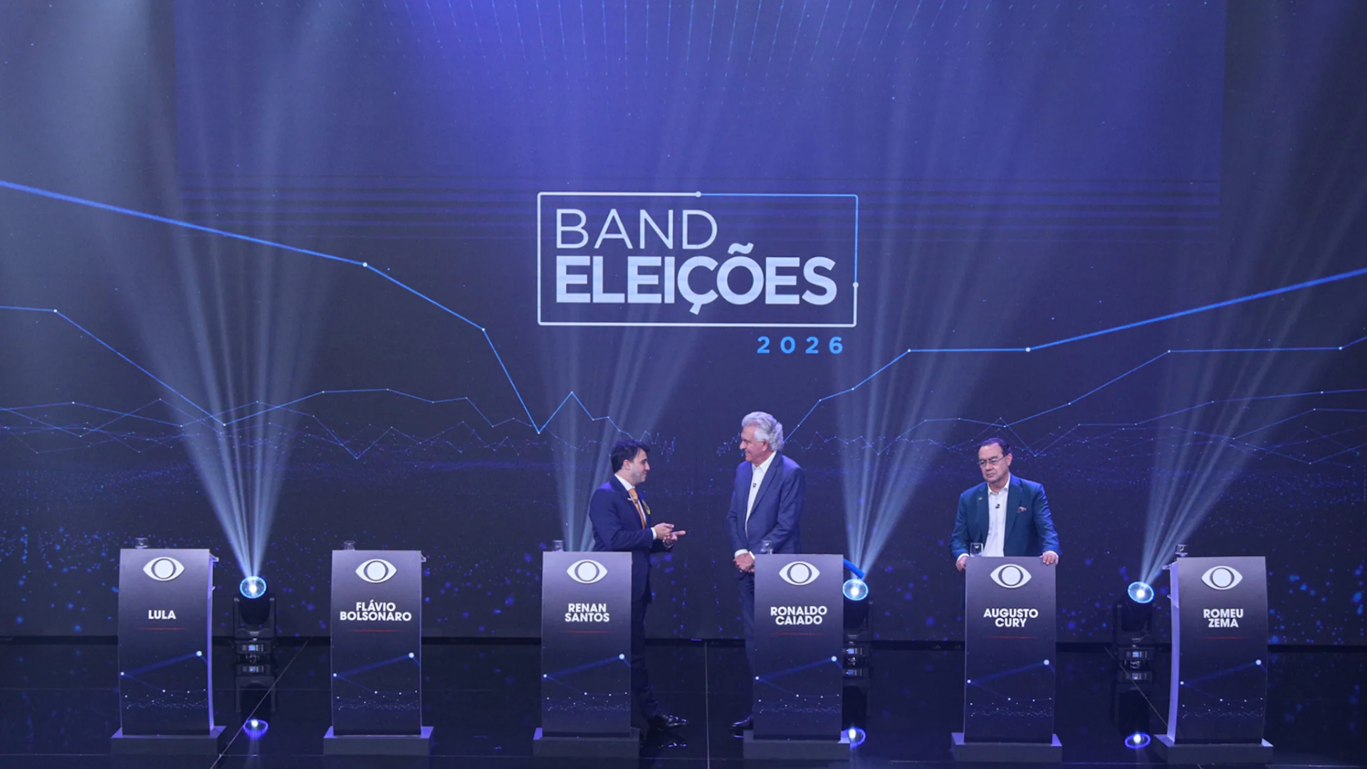 Imagem ilustrativa sobre Lula e Flávio Bolsonaro vencem debate na Band sem aparecer, Record exibe entrevista em tempo real